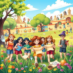 A vibrant and whimsical illustration depicting a summer teaching adventure that magically transforms into a treasure hunt through time