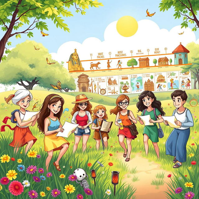 A vibrant and whimsical illustration depicting a summer teaching adventure that magically transforms into a treasure hunt through time