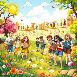 A vibrant and whimsical illustration depicting a summer teaching adventure that magically transforms into a treasure hunt through time