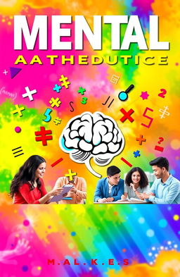 A vibrant and engaging cover for a mental arithmetic book, featuring colorful mathematical symbols like plus, minus, multiplication, and division signs, along with brain imagery to symbolize cognitive enhancement