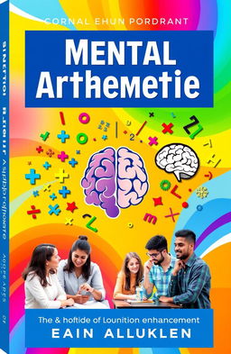 A vibrant and engaging cover for a mental arithmetic book, featuring colorful mathematical symbols like plus, minus, multiplication, and division signs, along with brain imagery to symbolize cognitive enhancement