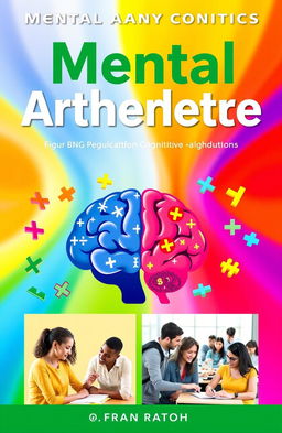 A vibrant and engaging cover for a mental arithmetic book, featuring colorful mathematical symbols like plus, minus, multiplication, and division signs, along with brain imagery to symbolize cognitive enhancement