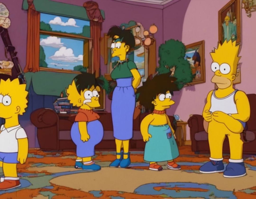 Goku from Dragon Ball in The Simpsons' living room with the Simpson family watching in awe.