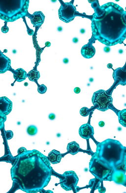 A scientific illustration of green-blue carbon nanoparticles and quantum dots, intricately detailed, displaying their unique structures and textures, set against a crisp white background