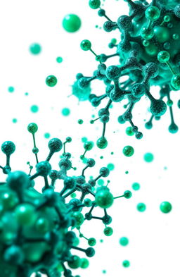 A scientific illustration of green-blue carbon nanoparticles and quantum dots, intricately detailed, displaying their unique structures and textures, set against a crisp white background