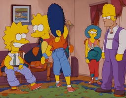 Goku from Dragon Ball in The Simpsons' living room with the Simpson family watching in awe.