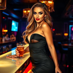 A stunning and alluring woman, confidently posing in a chic, figure-hugging evening dress that complements her curves