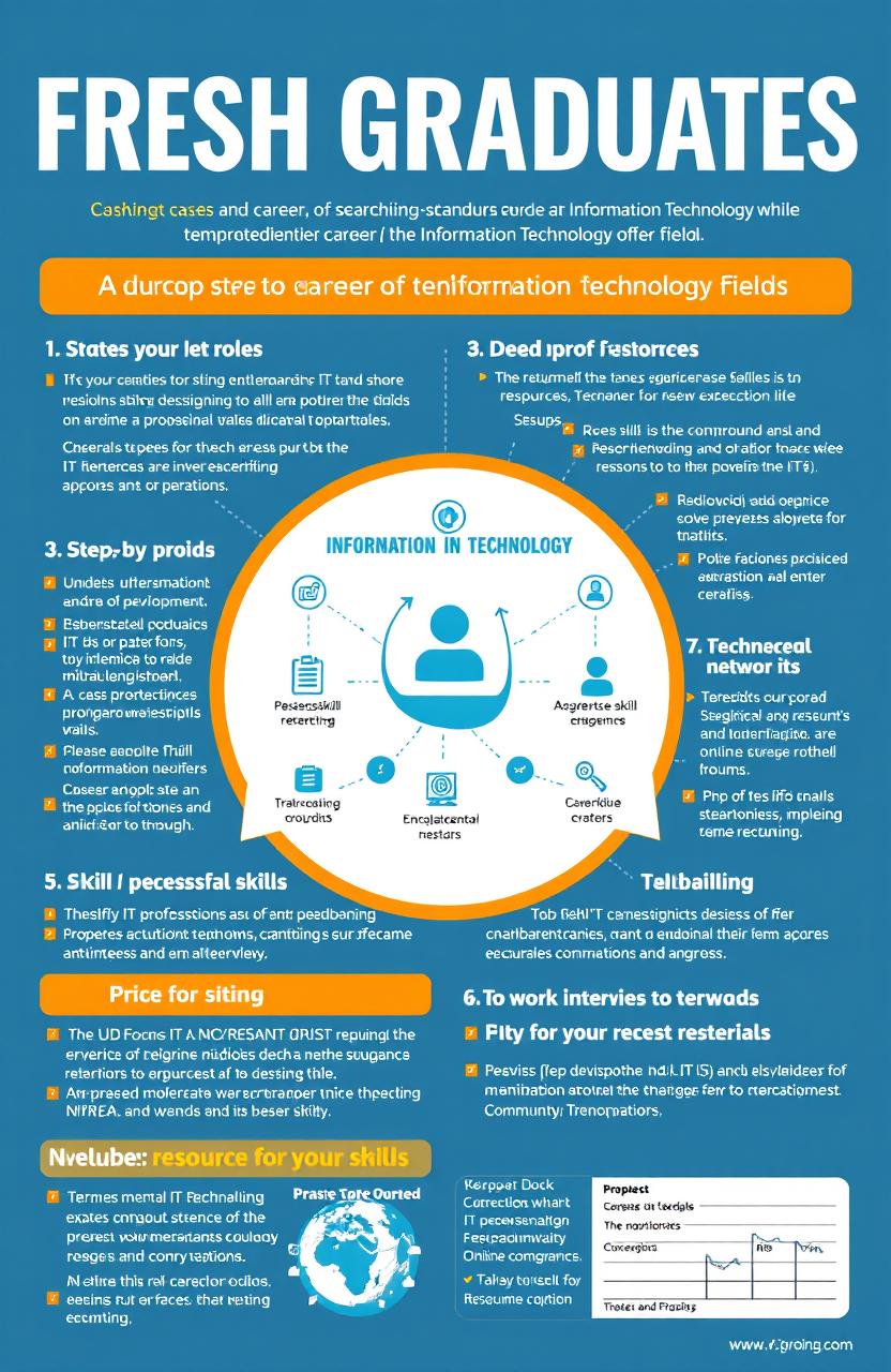 A comprehensive and engaging guide for fresh graduates embarking on a career in the Information Technology field, featuring step-by-step strategies for job searching, understanding various IT roles, enhancing technical skills, building a professional network, and preparing for interviews