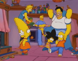 Goku from Dragon Ball in The Simpsons' living room with the Simpson family watching in awe.