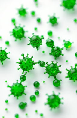 Green carbon nanoparticles and quantum dots on a clean white background, showcasing their intricate structures and vibrant colors