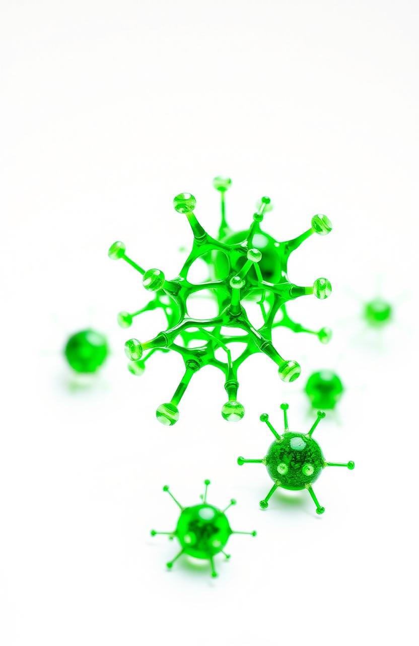 Green carbon nanoparticles and quantum dots on a clean white background, showcasing their intricate structures and vibrant colors