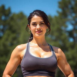 A 30-year-old dark-haired woman, fit and athletic, wearing casual workout clothing