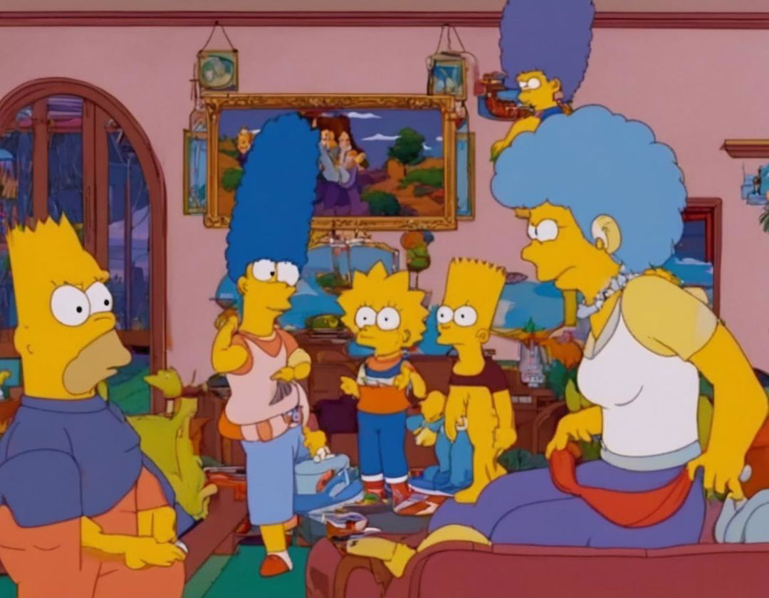 Goku from Dragon Ball in The Simpsons' living room with the Simpson family watching in awe.