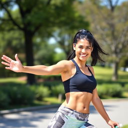 A 30-year-old dark-haired woman with a sporty physique, wearing athletic clothing, confidently striking a playful pose in an outdoor setting