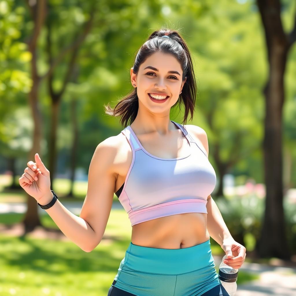 A 30-year-old dark-haired woman with a sporty physique, wearing athletic clothing, confidently striking a playful pose in an outdoor setting