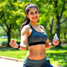 A 30-year-old dark-haired woman with a sporty physique, wearing athletic clothing, confidently striking a playful pose in an outdoor setting