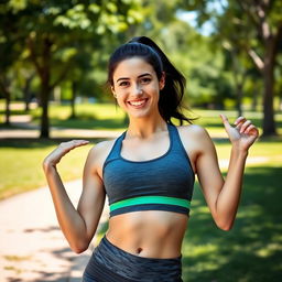 A 30-year-old dark-haired woman with a sporty physique, wearing athletic clothing, confidently striking a playful pose in an outdoor setting