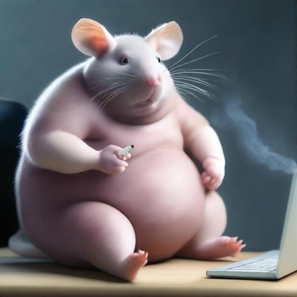 Generate a photorealistic image of a large and obese humanoid rat smoking a cigarette while sitting in front of a desktop computer