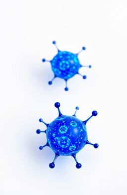 Blue carbon quantum dots and nanoparticles appearing prominent against a white background, showcasing intricate details of atoms surrounding them