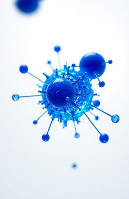Blue carbon quantum dots and nanoparticles appearing prominent against a white background, showcasing intricate details of atoms surrounding them