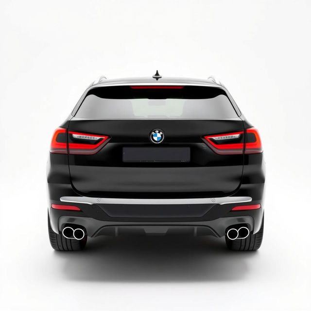 A sleek, totally black BMW XM viewed at a 3/4 angle from the back, showcasing its stylish contours and aerodynamic design