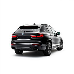 A sleek, totally black BMW XM viewed at a 3/4 angle from the back, showcasing its stylish contours and aerodynamic design