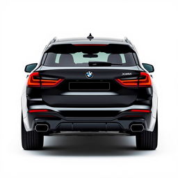 A sleek, totally black BMW XM viewed at a 3/4 angle from the back, showcasing its stylish contours and aerodynamic design