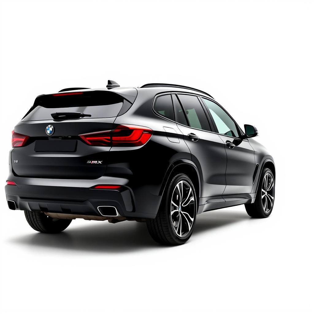 A sleek, totally black BMW XM viewed at a 3/4 angle from the back, showcasing its stylish contours and aerodynamic design