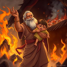 An illustration of Rsi Vishwanar, an ancient sage, heroically rescuing a child from a burning hut, showcasing his bravery and compassion