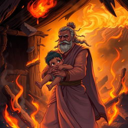 An illustration of Rsi Vishwanar, an ancient sage, heroically rescuing a child from a burning hut, showcasing his bravery and compassion