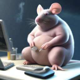 Generate a photorealistic image of a large and obese humanoid rat smoking a cigarette while sitting in front of a desktop computer