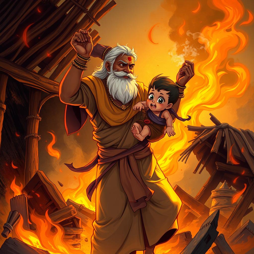 An illustration of Rsi Vishwanar, an ancient sage, heroically rescuing a child from a burning hut, showcasing his bravery and compassion