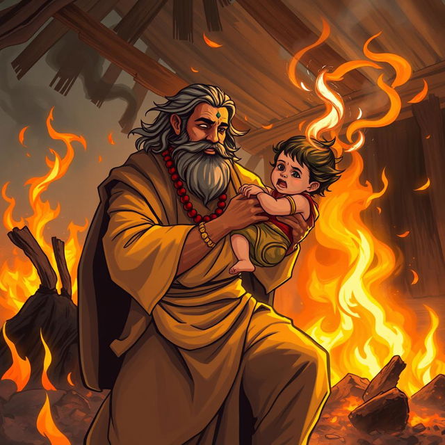 An illustration of Rsi Vishwanar, an ancient sage, heroically rescuing a child from a burning hut, showcasing his bravery and compassion