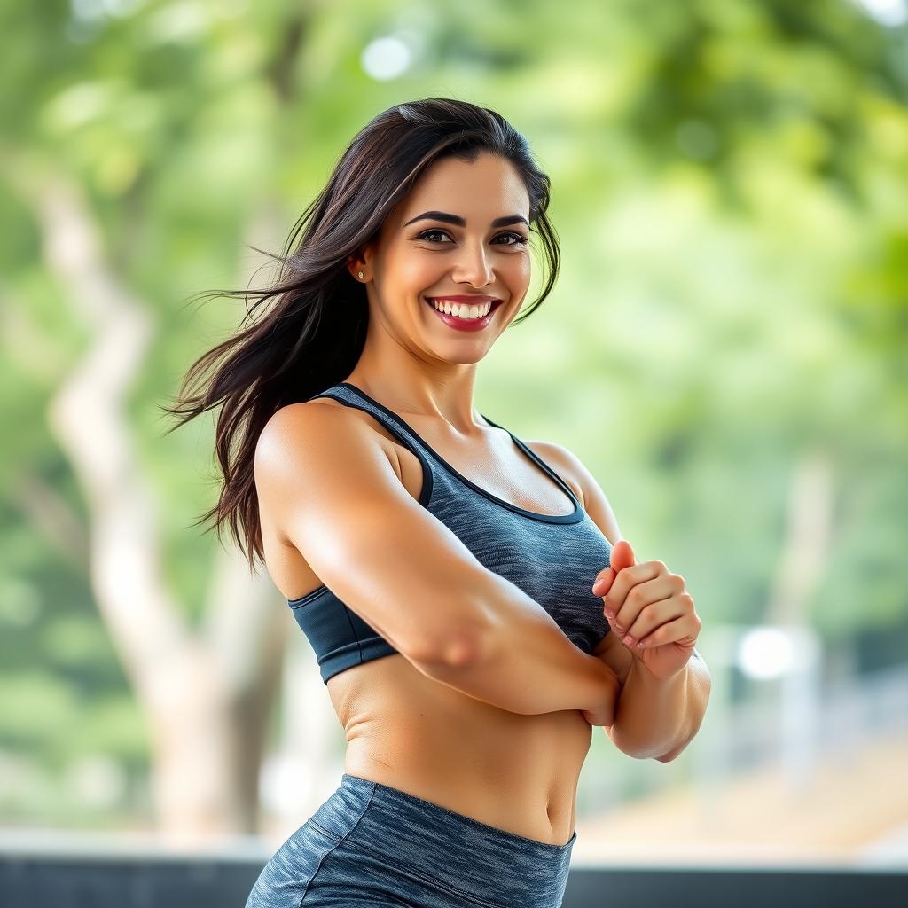 A 30-year-old dark-haired woman with an athletic build, showing confidence and energy