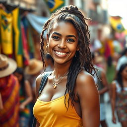 A stunning Brazilian woman showcasing the rich multicultural essence of Brazil, embodying diversity with features representing Afro-Brazilian, Indigenous, European, and Asian descents