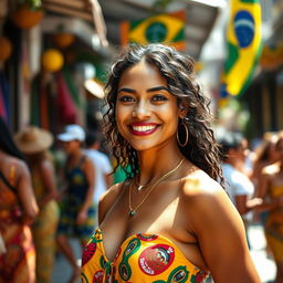 A stunning Brazilian woman showcasing the rich multicultural essence of Brazil, embodying diversity with features representing Afro-Brazilian, Indigenous, European, and Asian descents