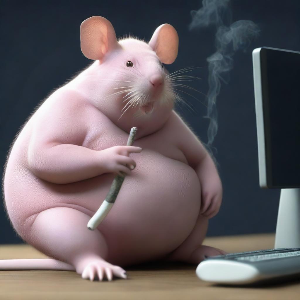 Generate a photorealistic image of a large and obese humanoid rat smoking a cigarette while sitting in front of a desktop computer