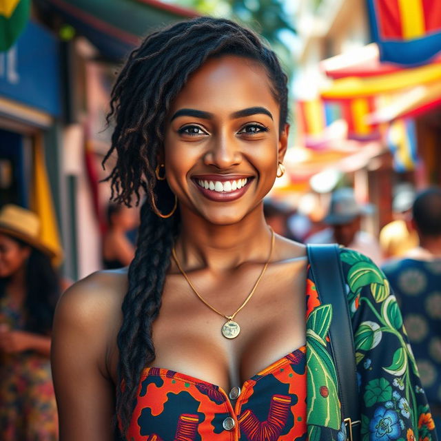 A stunning Brazilian woman showcasing the rich multicultural essence of Brazil, embodying diversity with features representing Afro-Brazilian, Indigenous, European, and Asian descents