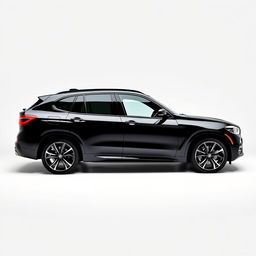 A sleek, totally black BMW XM viewed from the side, highlighting its sophisticated profile and luxury features