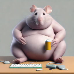 Generate a photorealistic image of a large and obese humanoid rat smoking a cigarette while sitting in front of a desktop computer