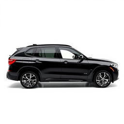 A sleek, totally black BMW XM viewed from the side, highlighting its sophisticated profile and luxury features