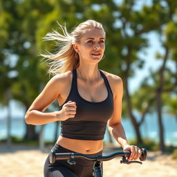A 30-year-old light-haired woman, athletic and fit, dressed in modern workout attire
