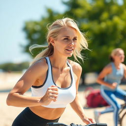 A 30-year-old light-haired woman, athletic and fit, dressed in modern workout attire
