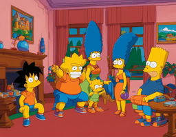 Goku from Dragon Ball in The Simpsons' living room with the Simpson family watching in awe.