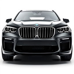 A stunning, totally black BMW XM viewed from the front, showcasing its bold grille and sporty headlights