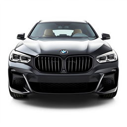 A stunning, totally black BMW XM viewed from the front, showcasing its bold grille and sporty headlights