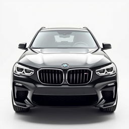 A stunning, totally black BMW XM viewed from the front, showcasing its bold grille and sporty headlights