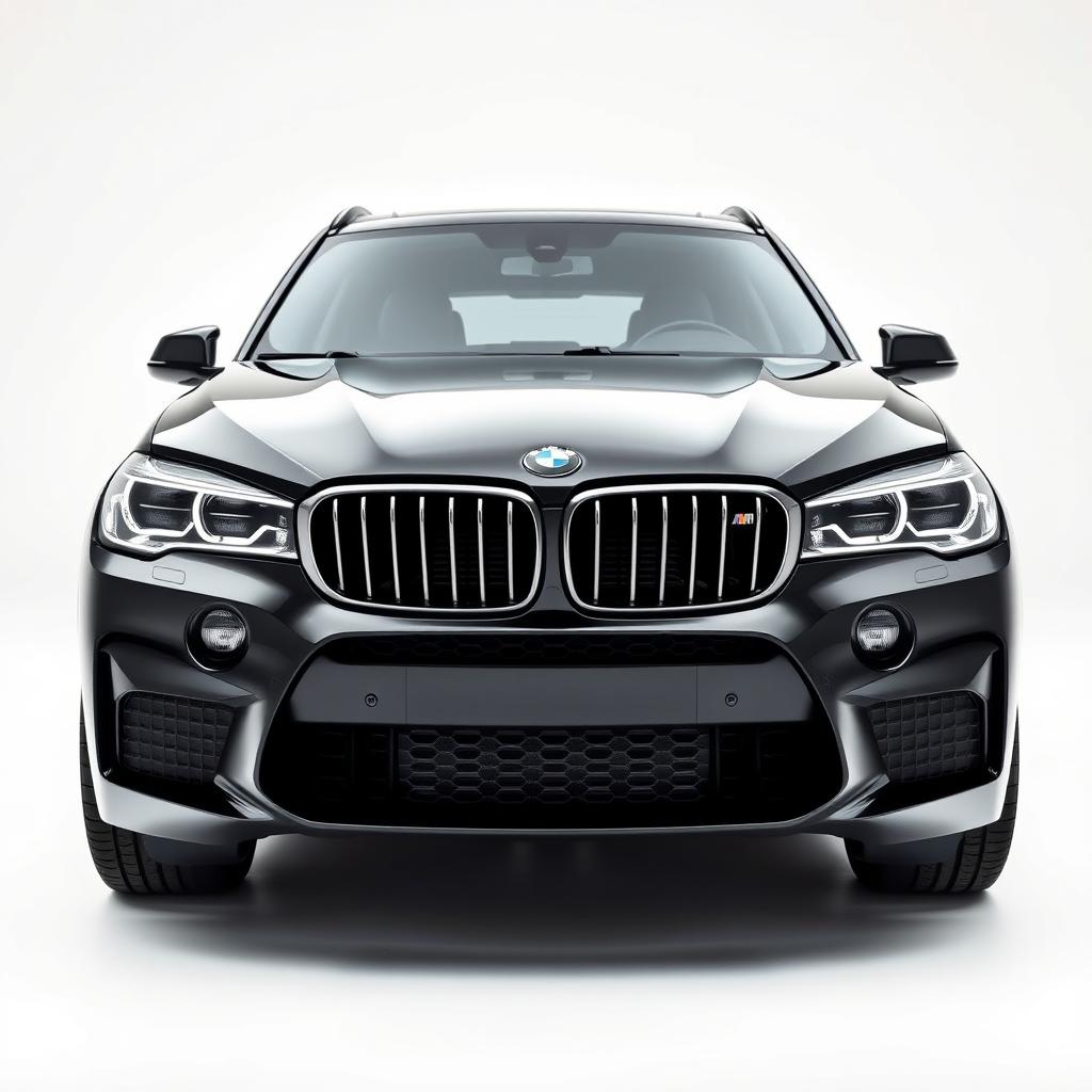 A stunning, totally black BMW XM viewed from the front, showcasing its bold grille and sporty headlights