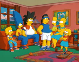 Goku from Dragon Ball in The Simpsons' living room with the Simpson family watching in awe.