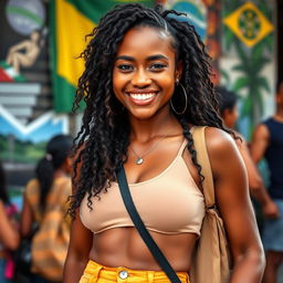 A beautiful Brazilian woman exemplifying the rich multicultural diversity of Brazil, featuring a blend of Afro-Brazilian, Indigenous, European, and Asian traits